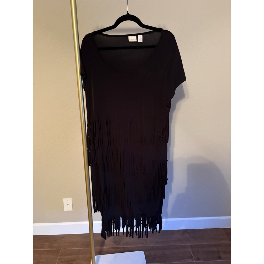 Chico's Women's Fringe Midi Dress Size 3 Black Boho Western Cowgirl Fall